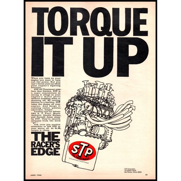 1968 STP Oil Treatment Torque It Up Vintage Print Ad Classic Car Wall Art Decor - Picture 1 of 1